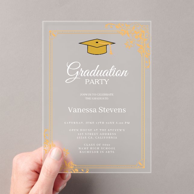 Gold Classic Graduation Cap Party  Acrylic Invitations (Insitu (Handheld))