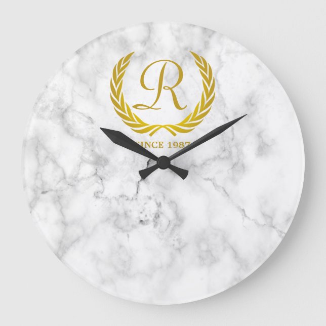 Gold Classic Monogram Laurel Leaf White Marble Large Clock (Front)