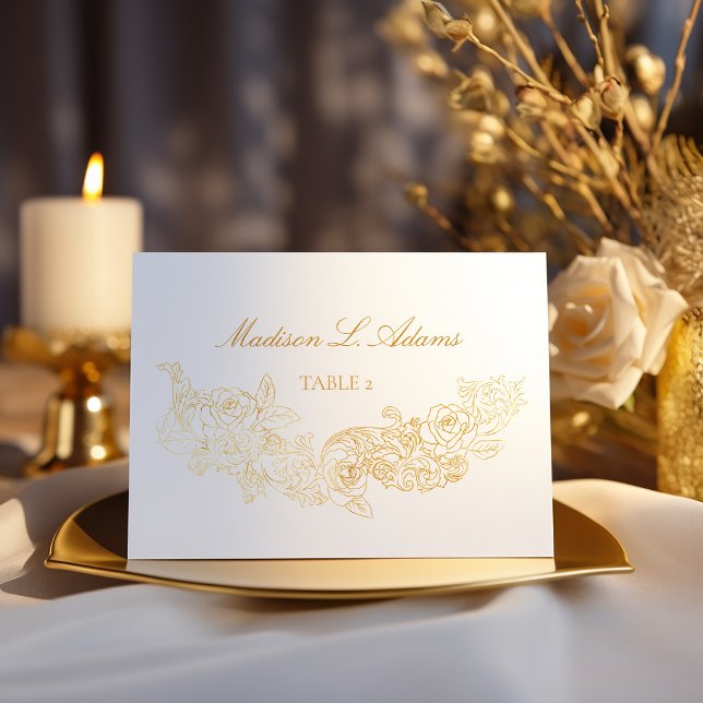 Gold Classic Ornament Foldable Name Card (golden rococo ornament illustrations for a baroque wedding seating table name escort card)