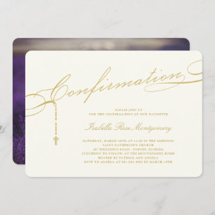 Gold Classic Script Rosary Confirmation Religious Invitation