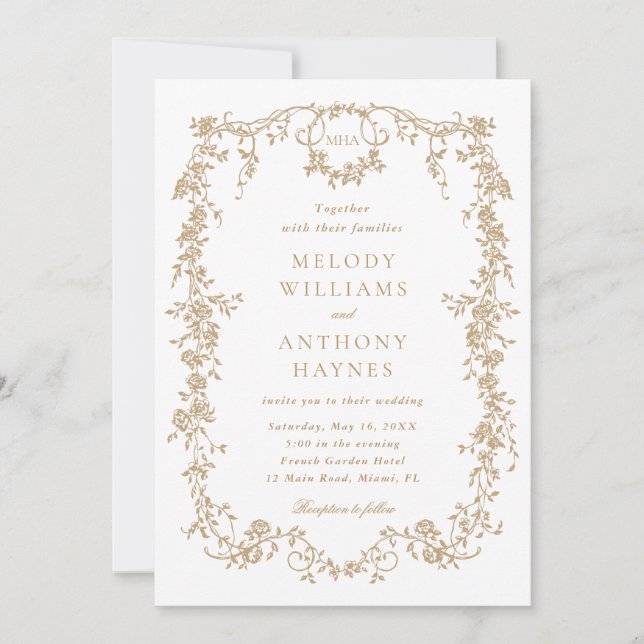 Gold Classic Victorian French Floral Wedding Invitation (Front)