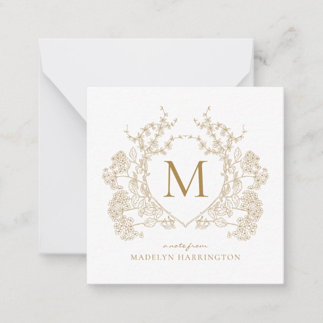 Gold Classic Vintage Floral Crest Monogram Card (Front)