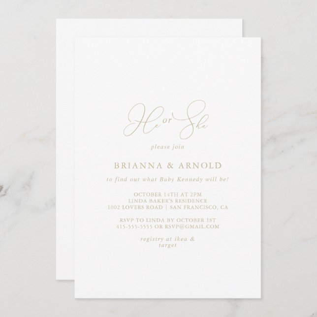Gold Classy Chic He or She Gender Reveal  Invitation (Front/Back)