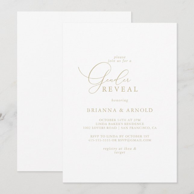 Gold Classy Chic Minimalist Gender Reveal Party  Invitation (Front/Back)