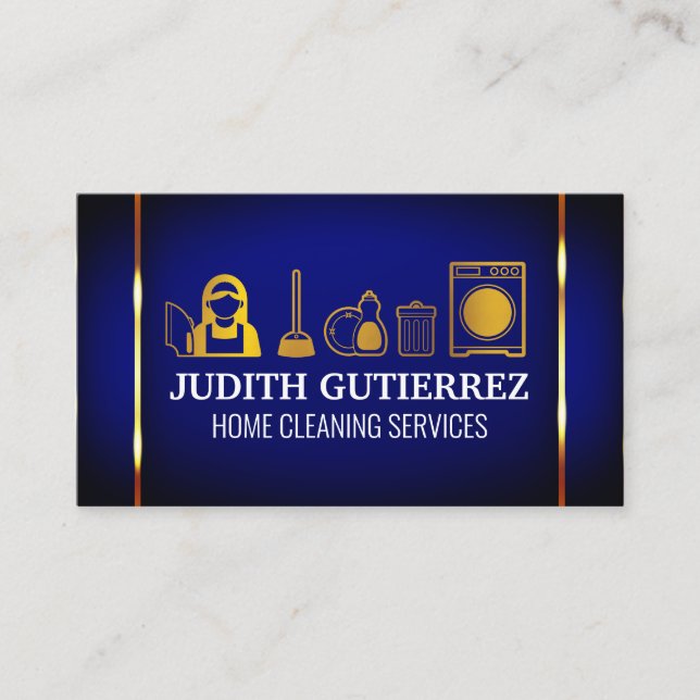 Gold Cleaning Maid Icons | Blue Gold Metallic Business Card (Front)