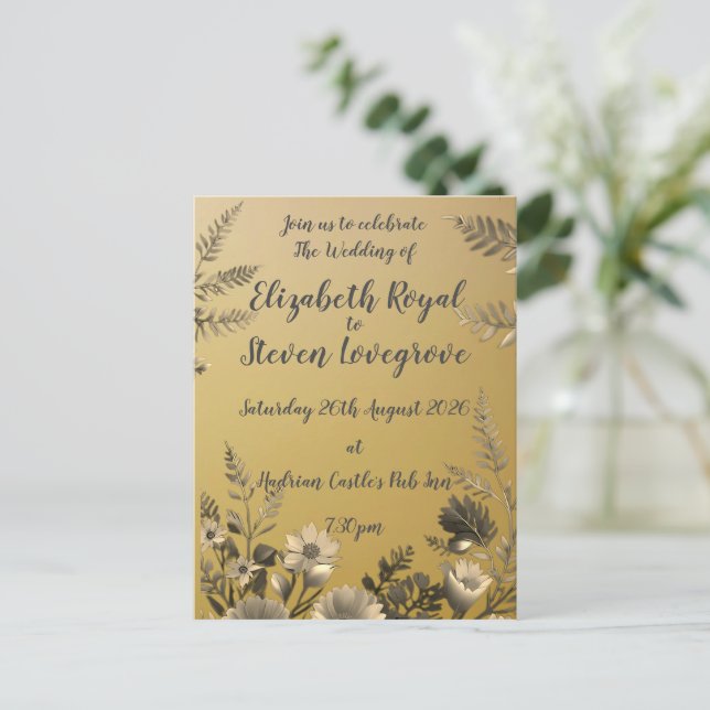 Gold Clear & Simple Light Floral Design Wedding Postcard (Standing Front)