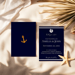 Gold Coastal Navy Blue Nautical Wedding Invitation
