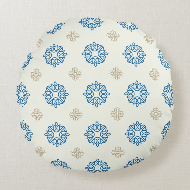 Gold & Cobalt Blue Floral Pattern Round Pillow (Front)