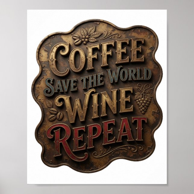 Gold COFFEE SAVE THE WORLD WINE REPEAT Poster (Front)