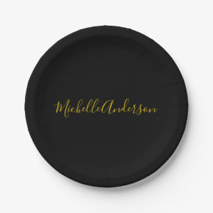 Gold Color Black Modern Minimalist Handwrite Name Paper Plate