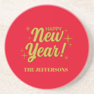 Gold Color Red Happy New Year Merry Christmas Coaster