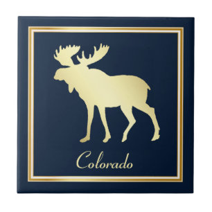 Gold Colorado Moose on Blue Ceramic Tile