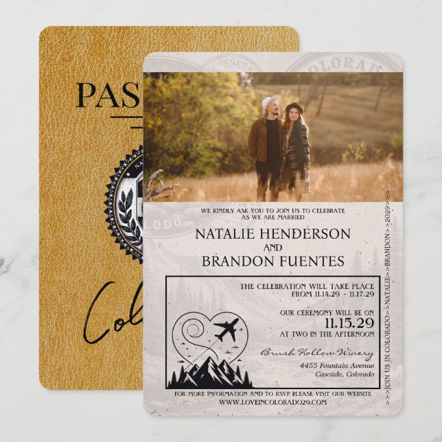 Gold Colorado Passport Wedding Invitation (Front/Back)