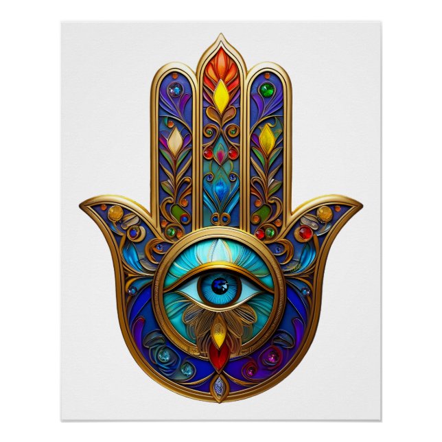 Gold Colorful Hamsa Turquoise Sapphire Third Eye  Poster (Front)
