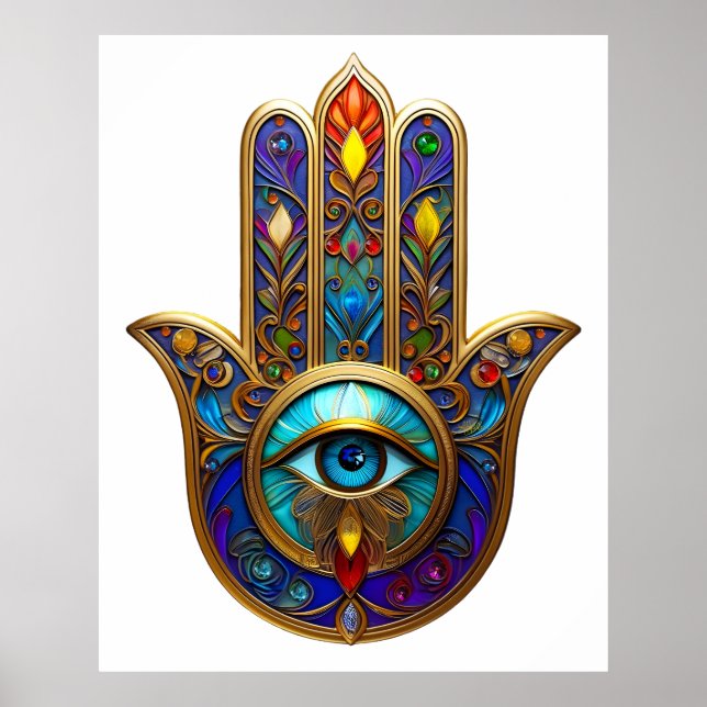 Gold Colorful Hamsa Turquoise Sapphire Third Eye  Poster (Front)