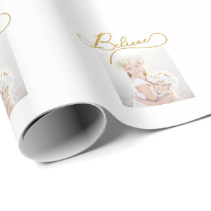 Gold Colour Believe Script with Photo Christmas Wrapping Paper