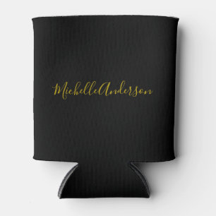 Gold Colour Black Modern Minimalist Handwrite Name Can Cooler