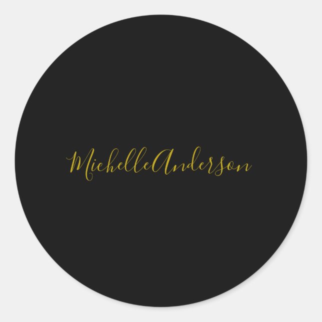 Gold Colour Black Modern Minimalist Handwrite Name Classic Round Sticker (Front)