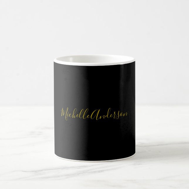 Gold Colour Black Modern Minimalist Handwrite Name Coffee Mug (Center)