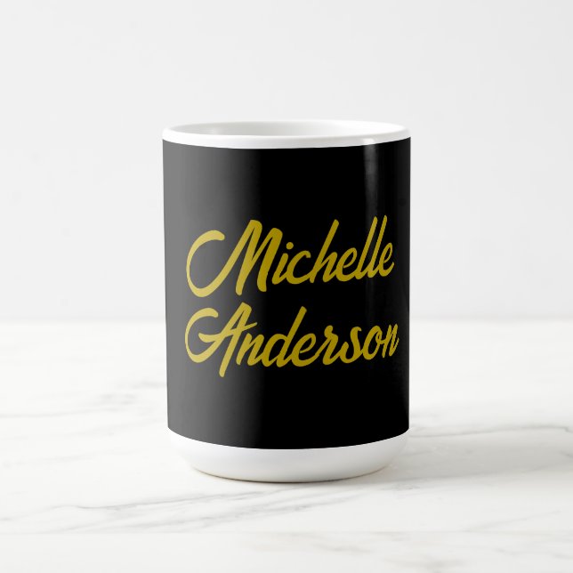Gold Colour Black Modern Minimalist Handwrite Name Coffee Mug (Center)