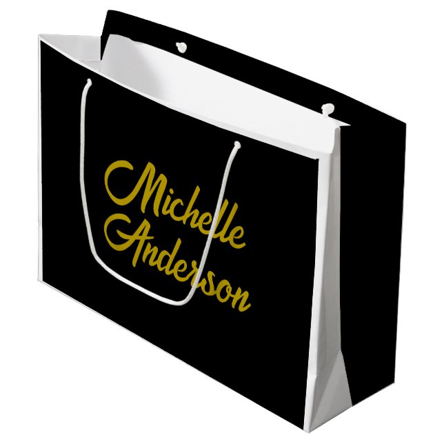 Gold Colour Black Modern Minimalist Handwrite Name Large Gift Bag (Front Angled)
