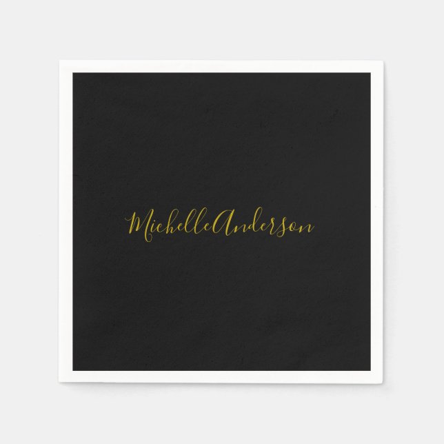 Gold Colour Black Modern Minimalist Handwrite Name Napkin (Front)