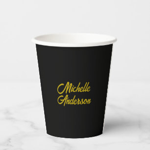 Gold Colour Black Modern Minimalist Handwrite Name Paper Cups