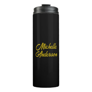Gold Colour Black Modern Minimalist Handwrite Name Thermal Tumbler