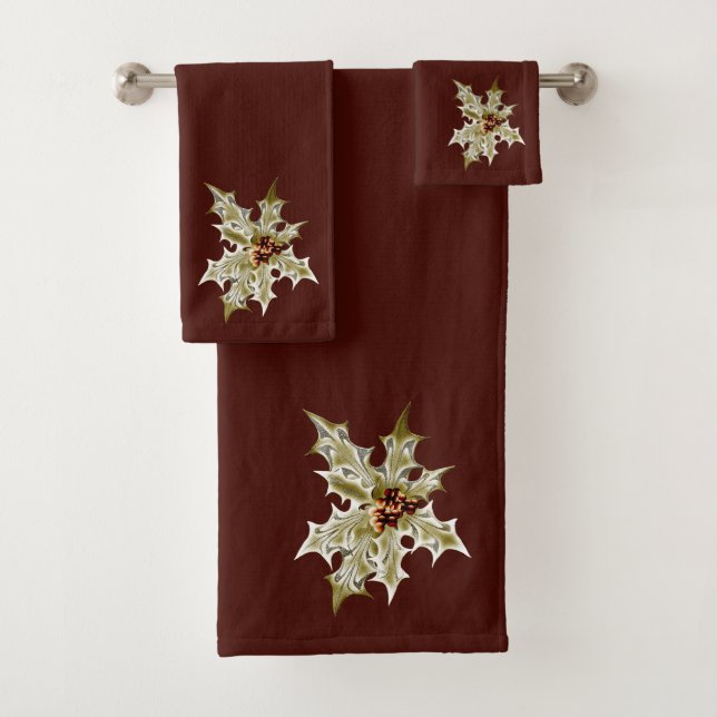 Gold Colour Foil Holly On Burgundy Bath Towel Set (Insitu)