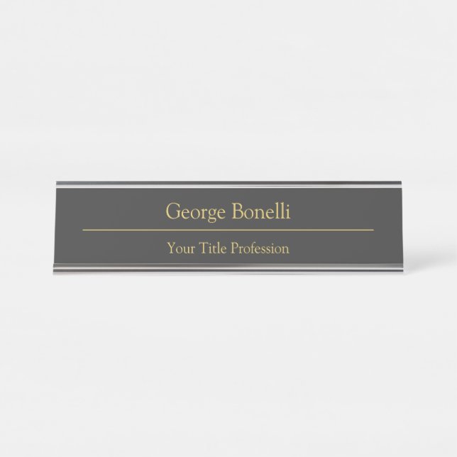 Gold Colour Grey Classical Personal Customise Chic Desk Name Plate (Front)