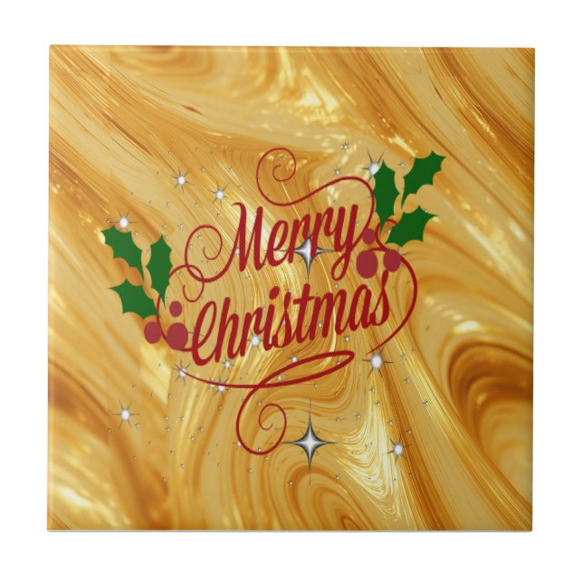 Gold-colour, Merry Christmas, Ceramic Tile (Front)