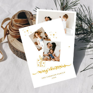 Gold Colour Merry Christmas Photo Collage Holiday Card