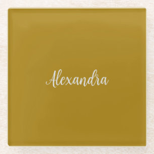 Gold Colour Minimalist Plain Add Name Calligraphy  Glass Coaster