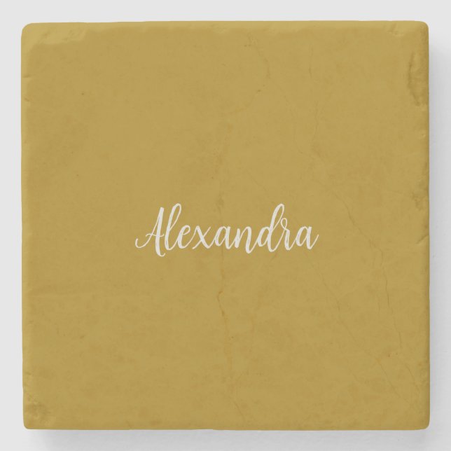 Gold Colour Minimalist Plain Add Name Calligraphy  Stone Coaster (Front)