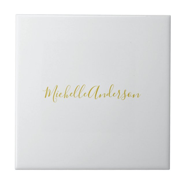 Gold Colour Modern Minimalist Handwriting Name Ceramic Tile (Front)