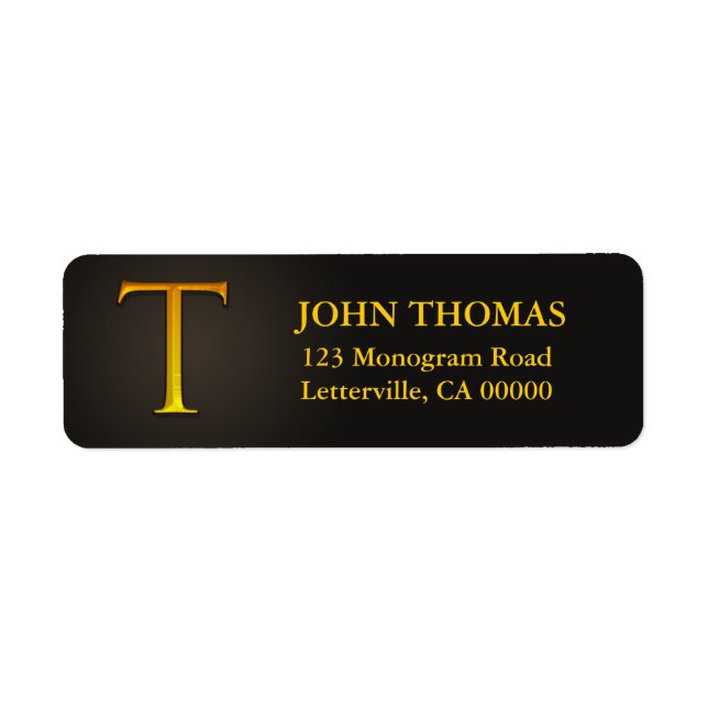 Gold Colour Monogram T Return Address Labels (Front)