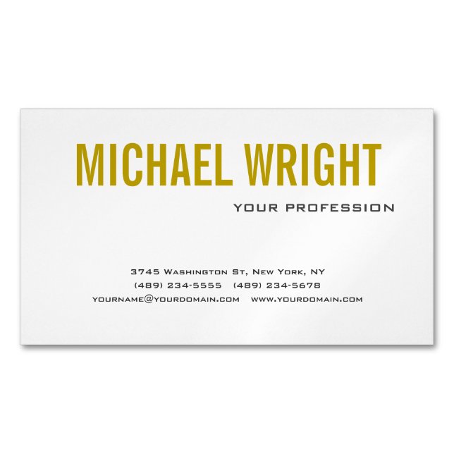 Gold Colour Name Black White Modern Plain Simple Magnetic Business Card (Front)