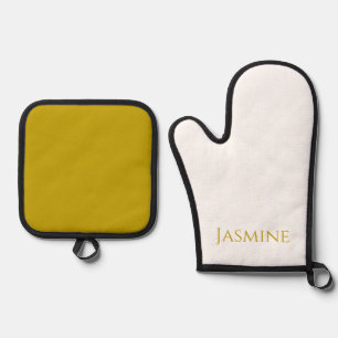 Gold Colour Plain Minimalist Professional Name Oven Mitt & Pot Holder Set