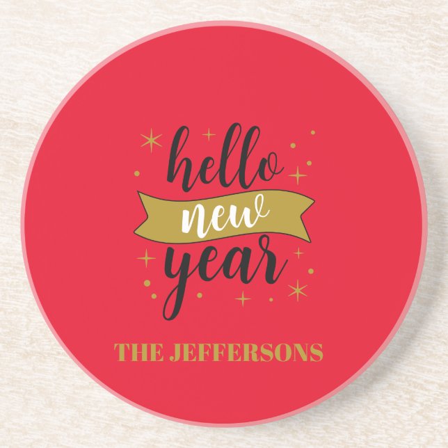 Gold Colour Red Happy New Year Merry Christmas Coaster (Front)