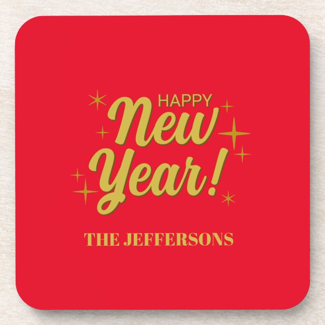 Gold Colour Red Happy New Year Merry Christmas Coaster (Front)