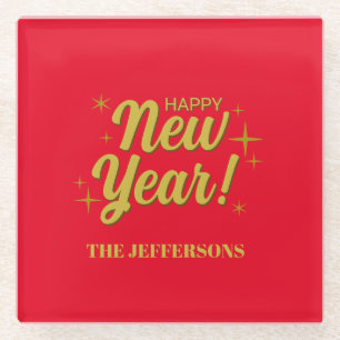 Gold Colour Red Happy New Year Merry Christmas Glass Coaster