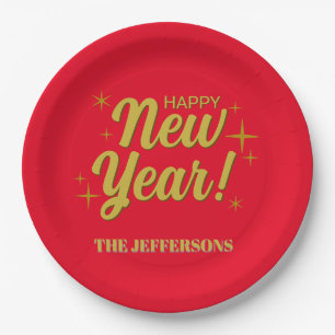 Gold Colour Red Happy New Year Merry Christmas Paper Plate