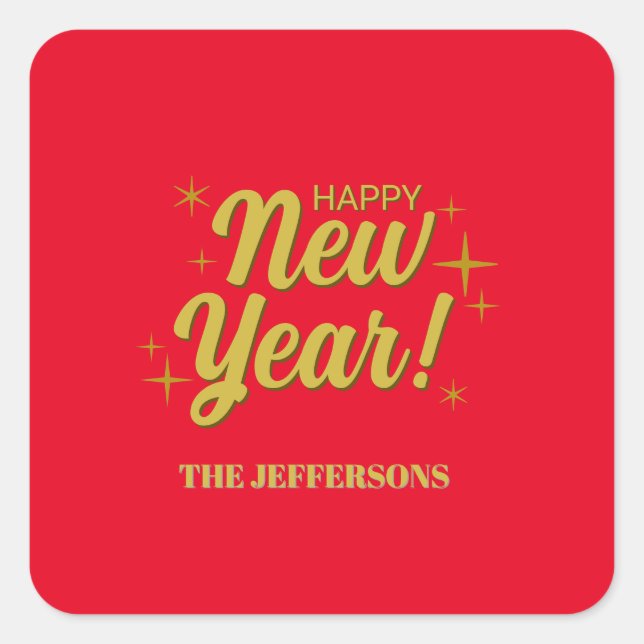 Gold Colour Red Happy New Year Merry Christmas Square Sticker (Front)