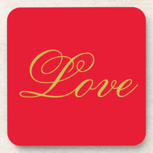 Gold Colour Script Red Love Wedding Calligraphy Coaster