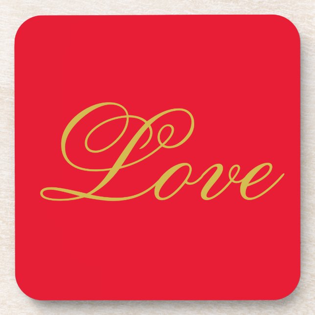 Gold Colour Script Red Love Wedding Calligraphy Coaster (Front)