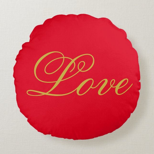 Gold Colour Script Red Love Wedding Calligraphy Round Cushion (Front)