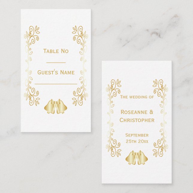 Gold Coloured Bells Design Wedding Place Card (Front/Back)