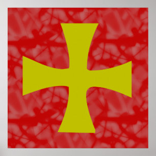 Gold Coloured Byzantine Cross on Red Poster