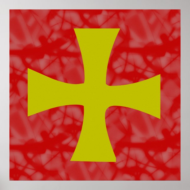 Gold Coloured Byzantine Cross on Red Poster (Front)