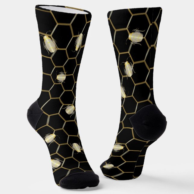 Gold Coloured Honey Bee Honeycomb Design Black  Socks (Angled)